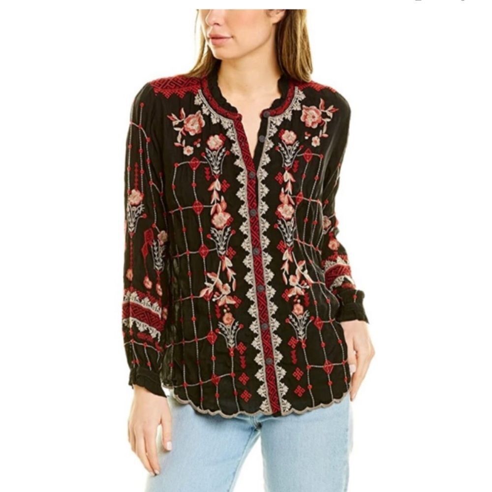 Johnny Was Tinsley Floral Embroidered Georgette Blouse‎ Sz XXL Black Plus Size